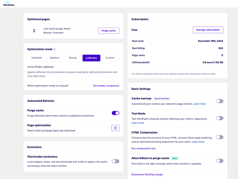 The NitroPack settings page in the WordPress admin. 
