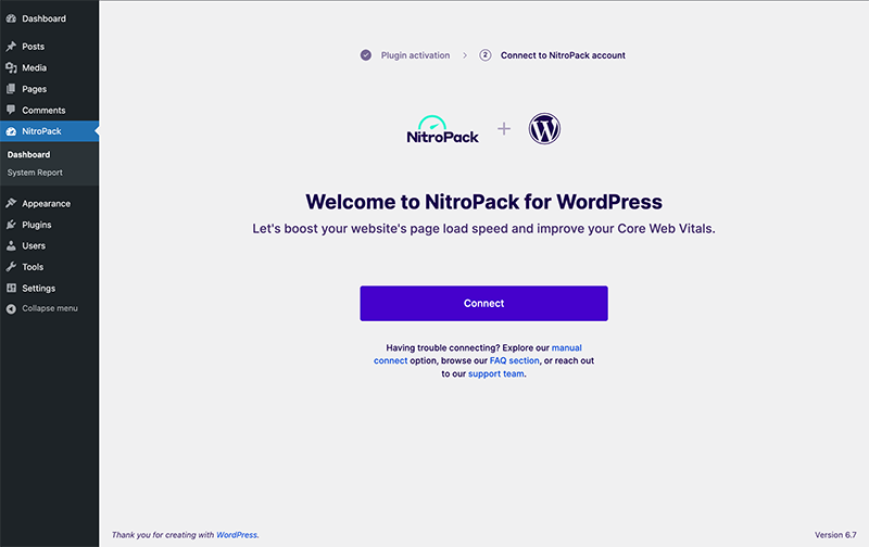 The welcome page of the NitroPack plugin in the WordPress admin. 