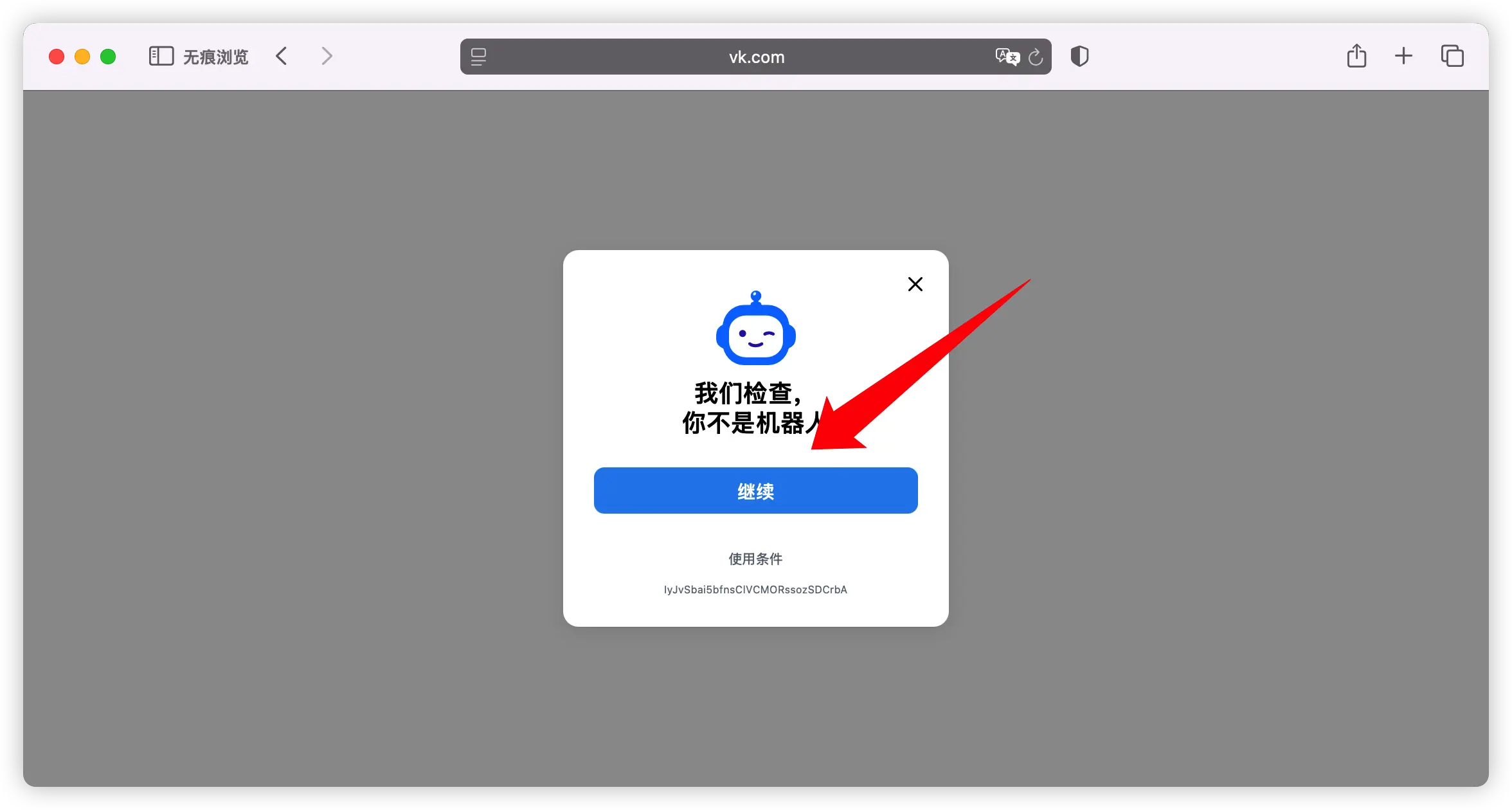 在 VK 注册过程中完成防机器人验证（如验证码、图形识别等）的示意图。